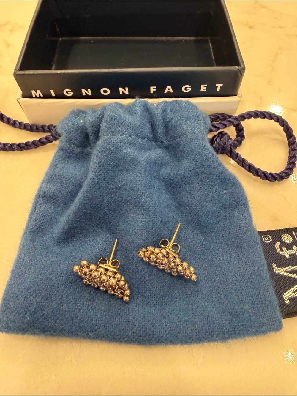 Mignon Faget Sterling Honey Comb Stud Earrings with Blue Pouch